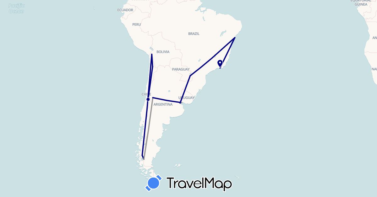 TravelMap itinerary: driving, plane in Argentina, Brazil, Chile, Uruguay (South America)